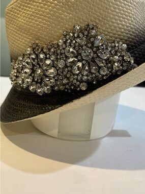 Two-Tone Straw Fedora Hat with Crystal & Pearl Band - Ivory and Black